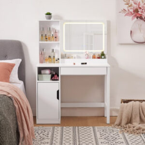 Mainstays Get Ready with Me GRWM Left Vanity Table with Lighted Mirror and Storage, White Finish